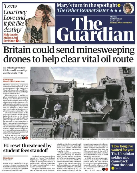 Portada de The Guardian (reino Unido) del lunes, 16 de marzo de 2026