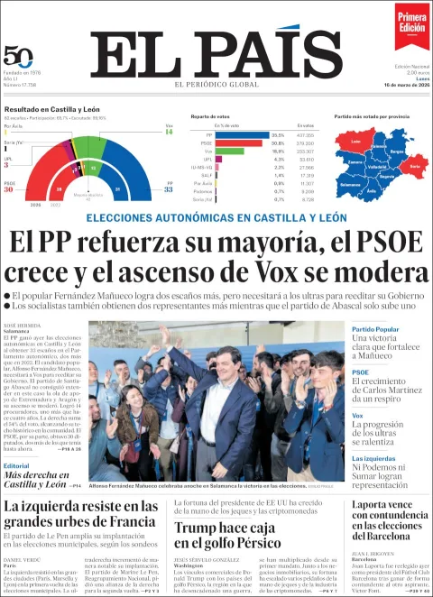 Portada de El Pais del lunes, 16 de marzo de 2026