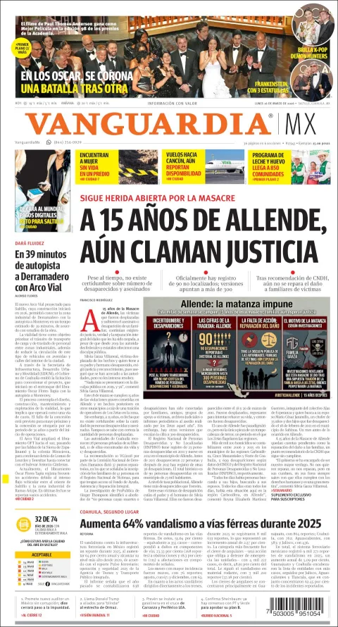 Portada de Vanguardia del lunes, 16 de marzo de 2026