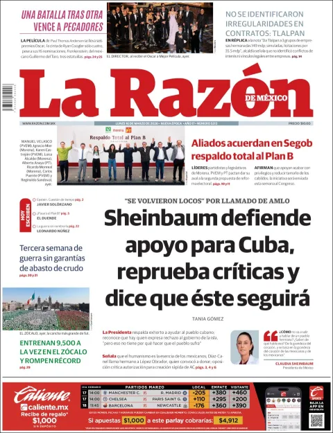 Portada de La Razon del lunes, 16 de marzo de 2026