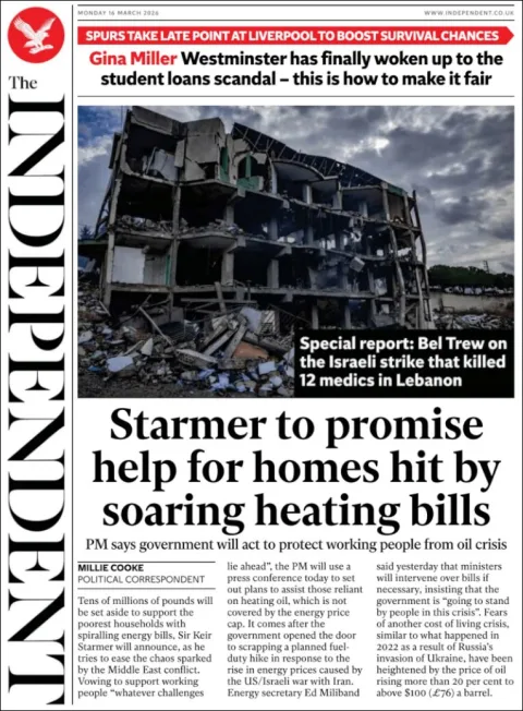 Portada de The Independent del lunes, 16 de marzo de 2026