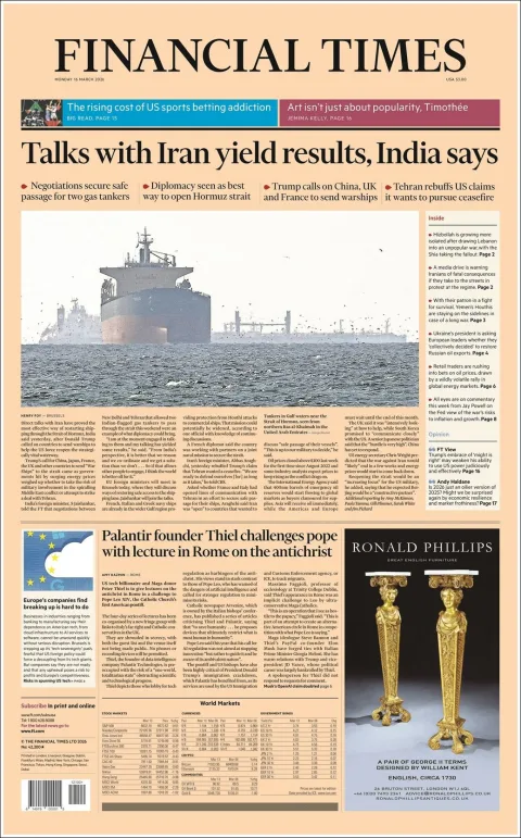 Portada de Financial Times del lunes, 16 de marzo de 2026