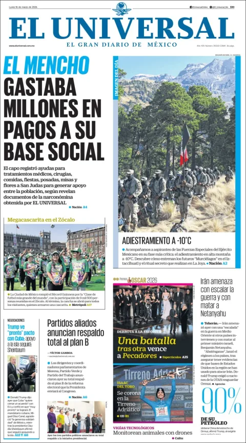 Portada de El Universal del lunes, 16 de marzo de 2026