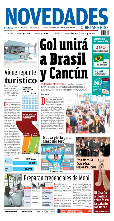 Portada de Novedades Quintana Roo del lunes, 16 de marzo de 2026