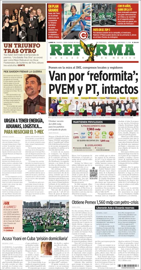 Portada de Reforma del lunes, 16 de marzo de 2026