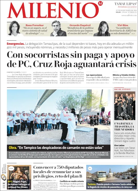 Portada de Milenio Tamaulipas del lunes, 16 de marzo de 2026