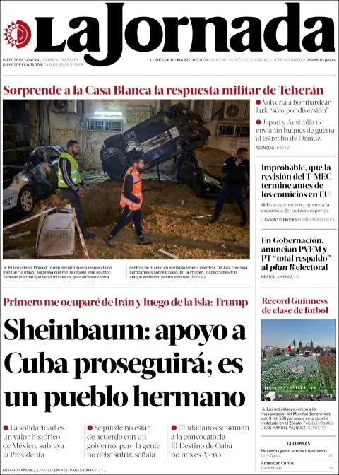 Portada de La Jornada del lunes, 16 de marzo de 2026