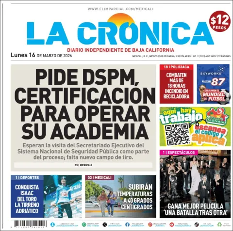 Portada de La Cronica del lunes, 16 de marzo de 2026
