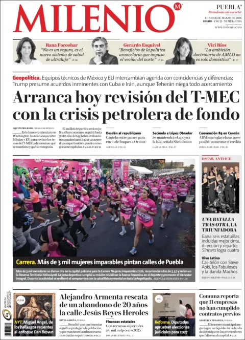Portada de Milenio Puebla del lunes, 16 de marzo de 2026