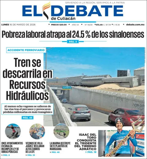 Portada de El Debate de Culiacan del lunes, 16 de marzo de 2026
