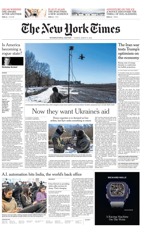 Portada de The New York Times (international) del martes, 17 de marzo de 2026