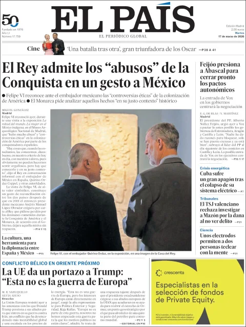 Portada de El Pais del martes, 17 de marzo de 2026