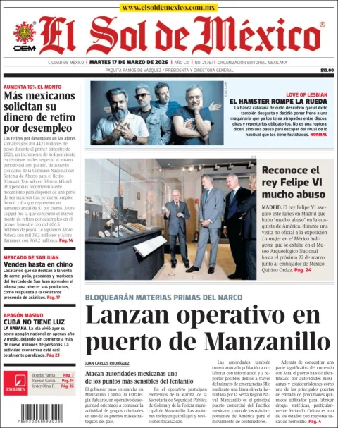 Portada de El Sol de Mexico del martes, 17 de marzo de 2026