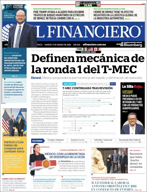 Portada de El Financiero del martes, 17 de marzo de 2026