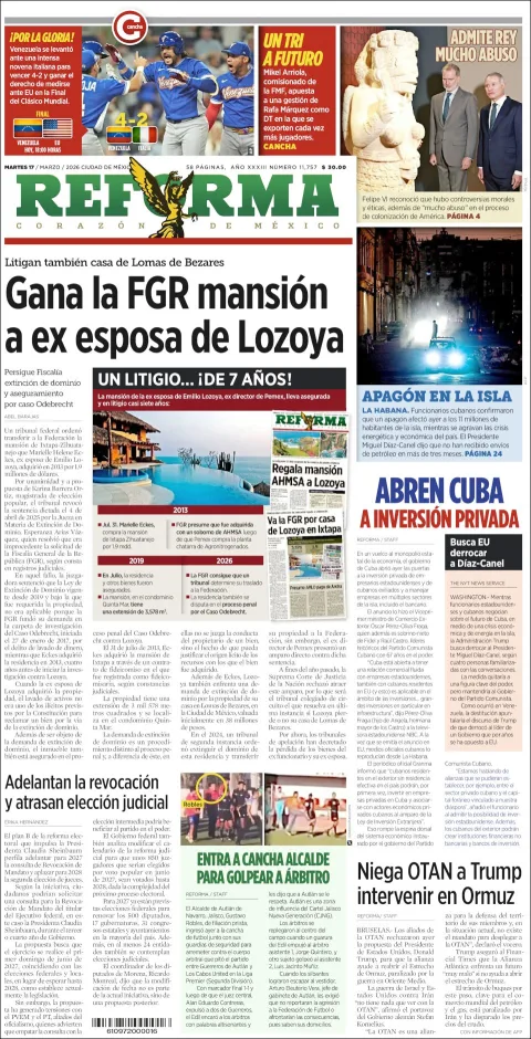Portada de Reforma del martes, 17 de marzo de 2026