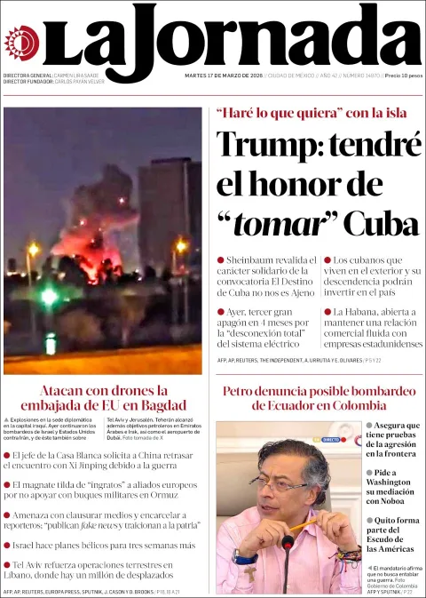 Portada de La Jornada del martes, 17 de marzo de 2026