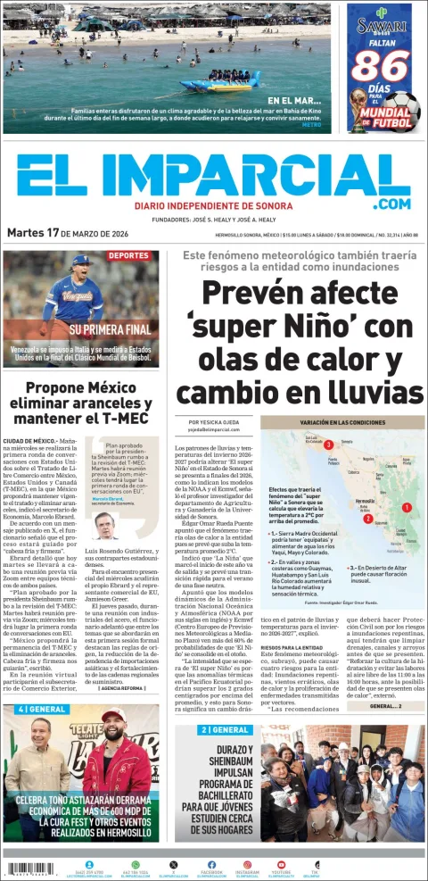 Portada de El Imparcial del martes, 17 de marzo de 2026