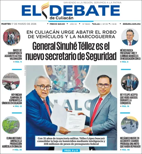 Portada de El Debate de Culiacan del martes, 17 de marzo de 2026