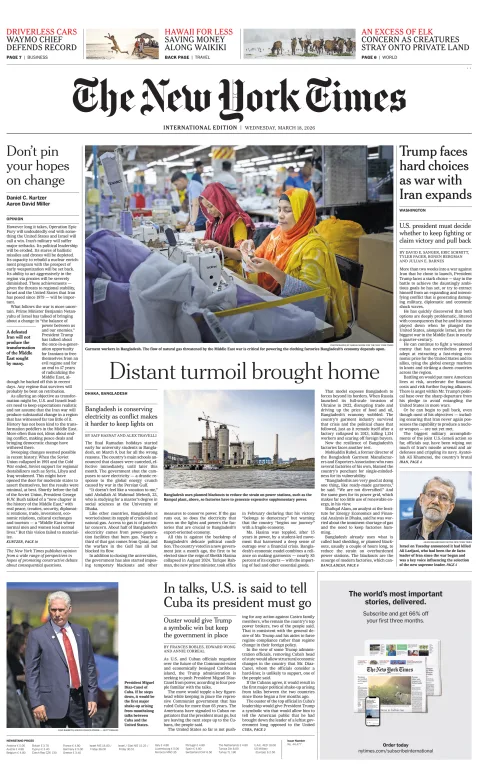 Portada de The New York Times (international) del miércoles, 18 de marzo de 2026