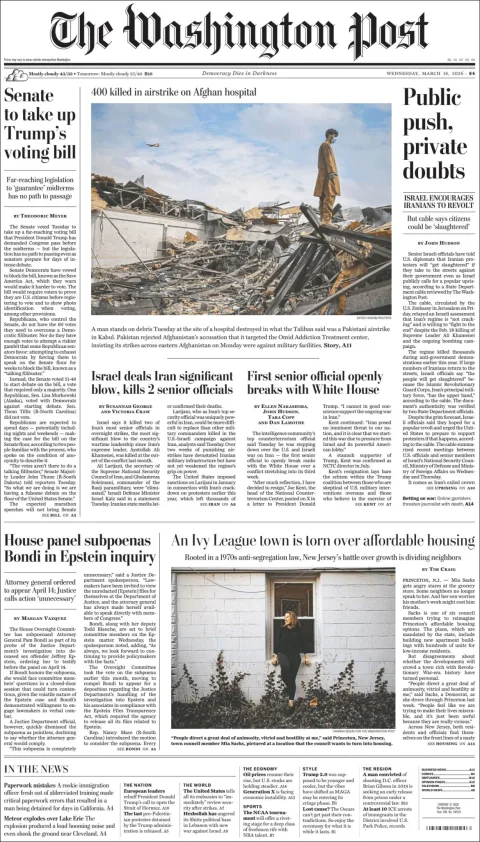 Portada de The Washington Post del miércoles, 18 de marzo de 2026