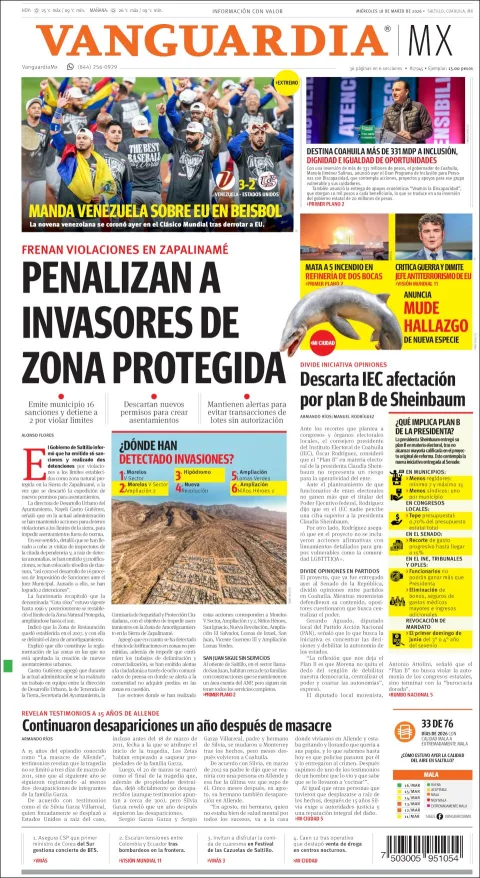 Portada de Vanguardia del miércoles, 18 de marzo de 2026