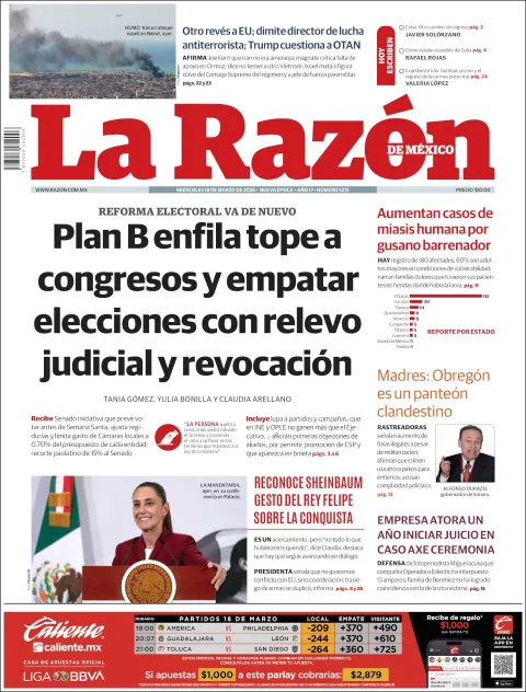 Portada de La Razon del miércoles, 18 de marzo de 2026