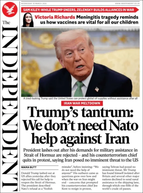 Portada de The Independent del miércoles, 18 de marzo de 2026