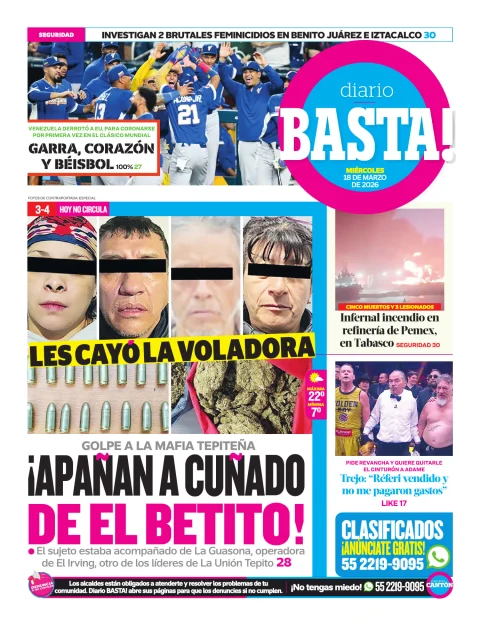 Portada de Basta! (contraportada) del miércoles, 18 de marzo de 2026