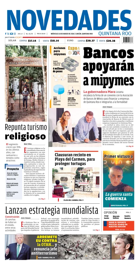 Portada de Novedades Quintana Roo del miércoles, 18 de marzo de 2026