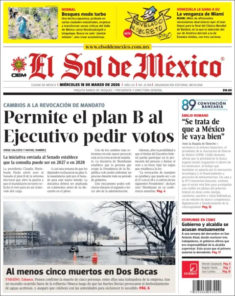 Portada de El Sol de Mexico del miércoles, 18 de marzo de 2026