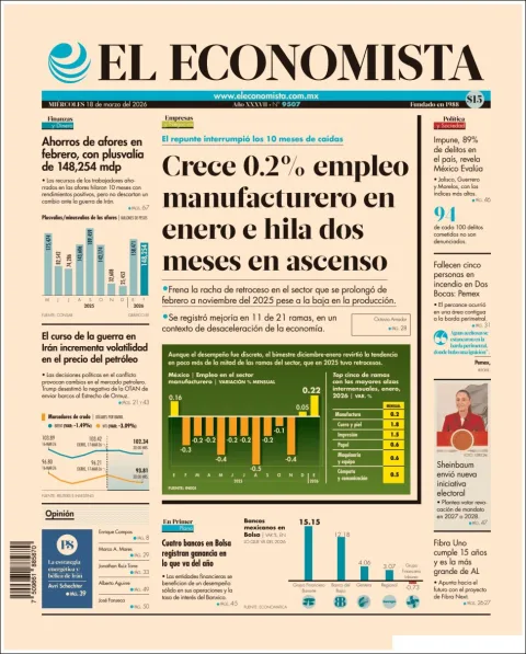 Portada de El Economista del miércoles, 18 de marzo de 2026