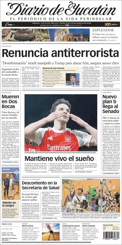 Portada de Diario de Yucatán del miércoles, 18 de marzo de 2026