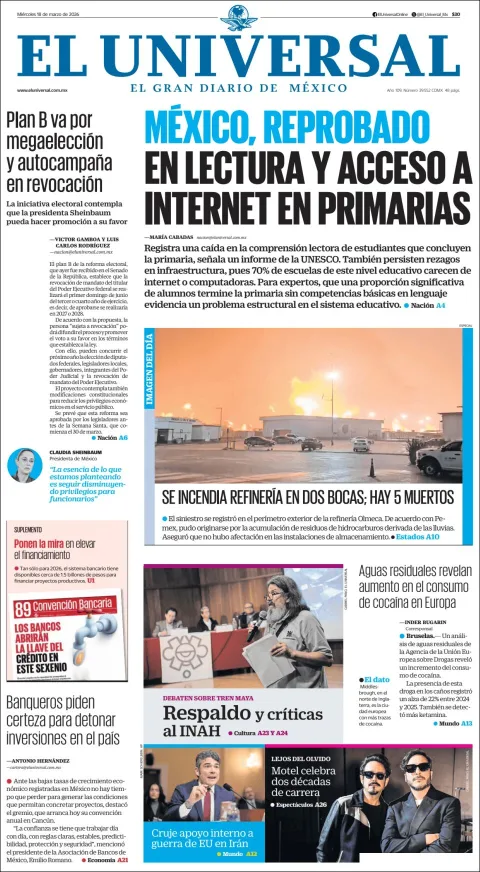 Portada de El Universal del miércoles, 18 de marzo de 2026