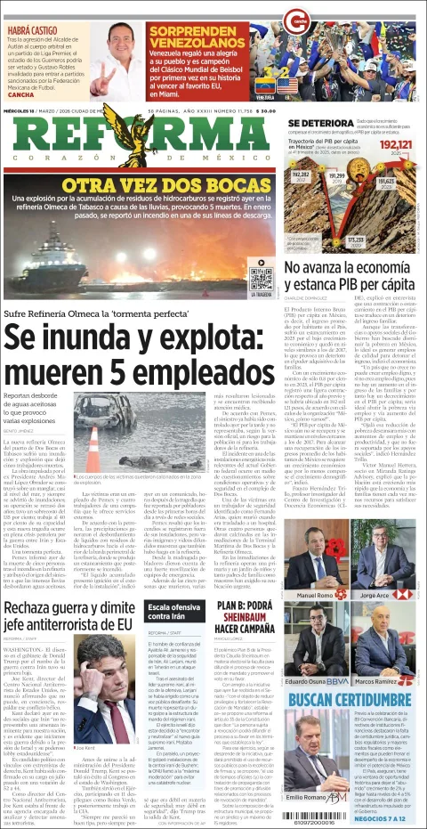Portada de Reforma del miércoles, 18 de marzo de 2026