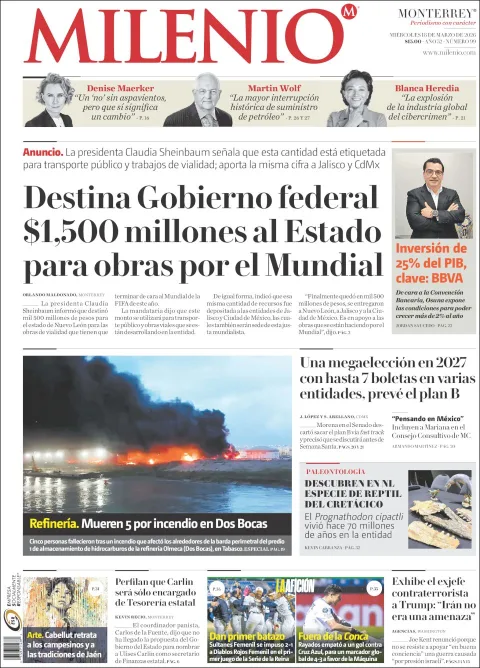 Portada de Milenio del miércoles, 18 de marzo de 2026