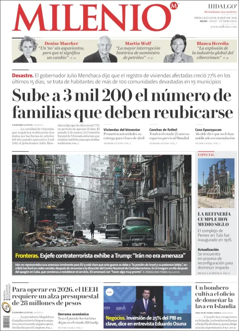Portada de Milenio Hidalgo del miércoles, 18 de marzo de 2026