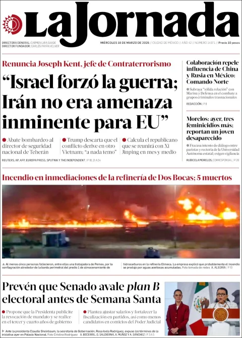 Portada de La Jornada del miércoles, 18 de marzo de 2026