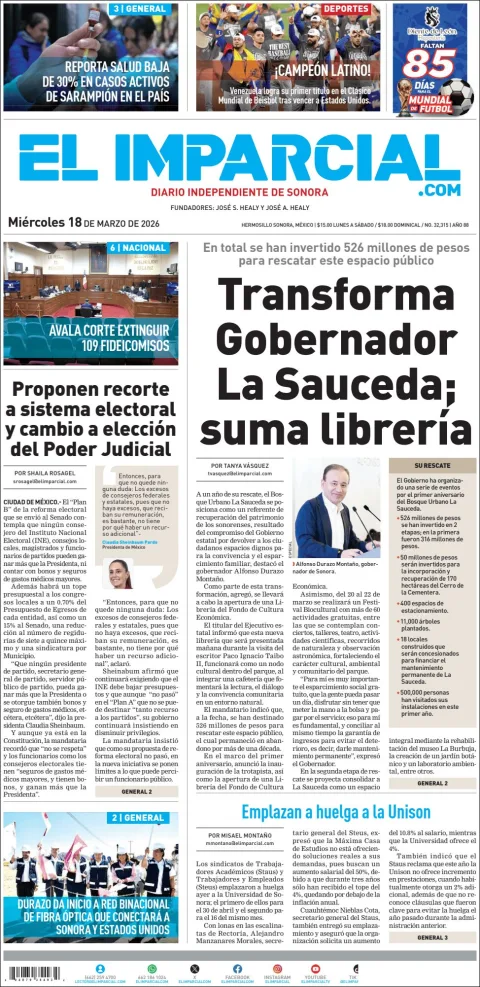 Portada de El Imparcial del miércoles, 18 de marzo de 2026