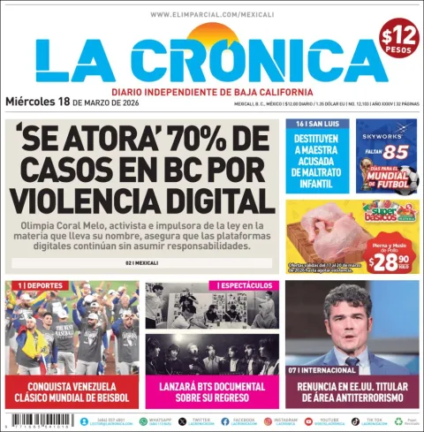 Portada de La Cronica del miércoles, 18 de marzo de 2026
