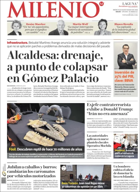 Portada de Milenio Laguna del miércoles, 18 de marzo de 2026