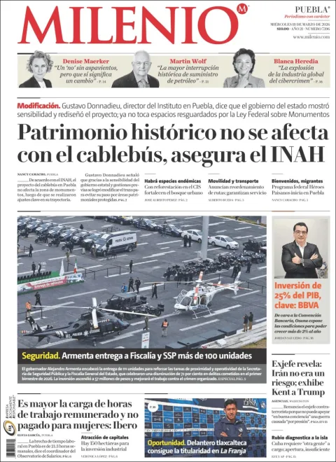 Portada de Milenio Puebla del miércoles, 18 de marzo de 2026