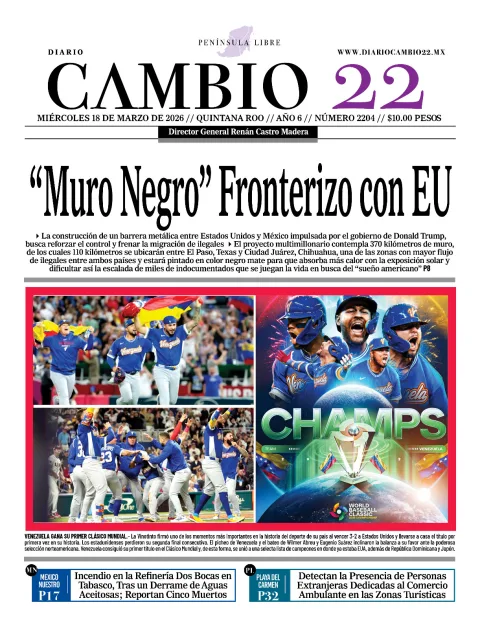 Portada de Diario Cambio 22 (contraportada) del miércoles, 18 de marzo de 2026