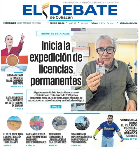 Portada de El Debate de Culiacan del miércoles, 18 de marzo de 2026