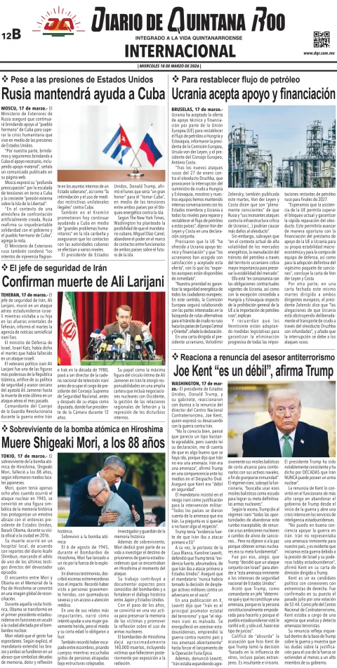 Portada de Diario de Quintana Roo (contra Portada) del miércoles, 18 de marzo de 2026