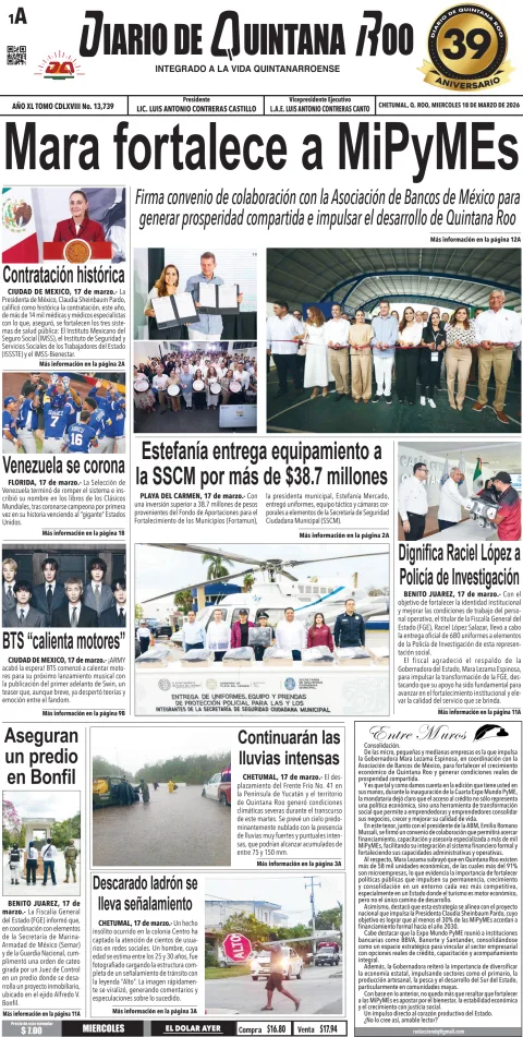 Portada de Diario de Quintana Roo (portada) del miércoles, 18 de marzo de 2026