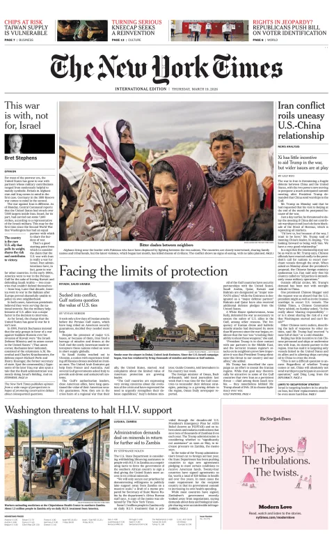 Portada de The New York Times (international) del jueves, 19 de marzo de 2026