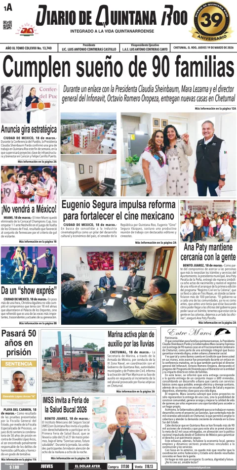 Portada de Diario de Quintana Roo (portada) del jueves, 19 de marzo de 2026