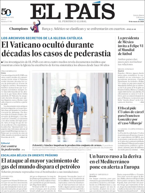 Portada de El Pais del jueves, 19 de marzo de 2026