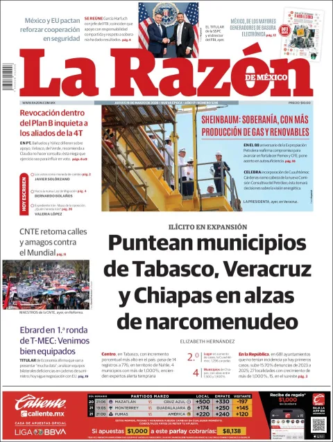 Portada de La Razon del jueves, 19 de marzo de 2026