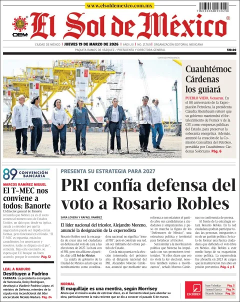 Portada de El Sol de Mexico del jueves, 19 de marzo de 2026